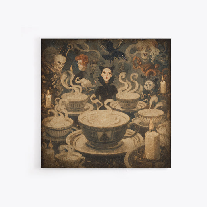 Tiny Ghosts In Teacups, Dark Symbolist Art, Square Wall Art, Gothic Horror Wall Art, Framed Canvas Print, Halloween Wall Art