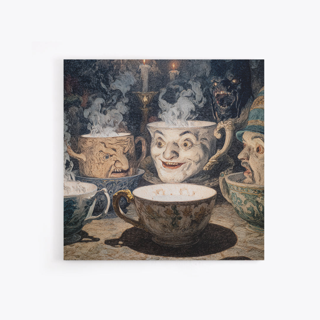 Tiny Ghosts In Teacups, Symbolist Etching Art, Square Wall Art, Dark Fantasy Wall Art, Framed Canvas Print, Halloween Wall Art