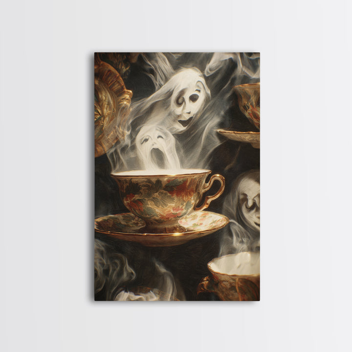 Tiny Ghosts In Teacups, Expressionist Gothic Art, Vertical Wall Art, Dark Fantasy Wall Art, Framed Canvas Print, Halloween Wall Art