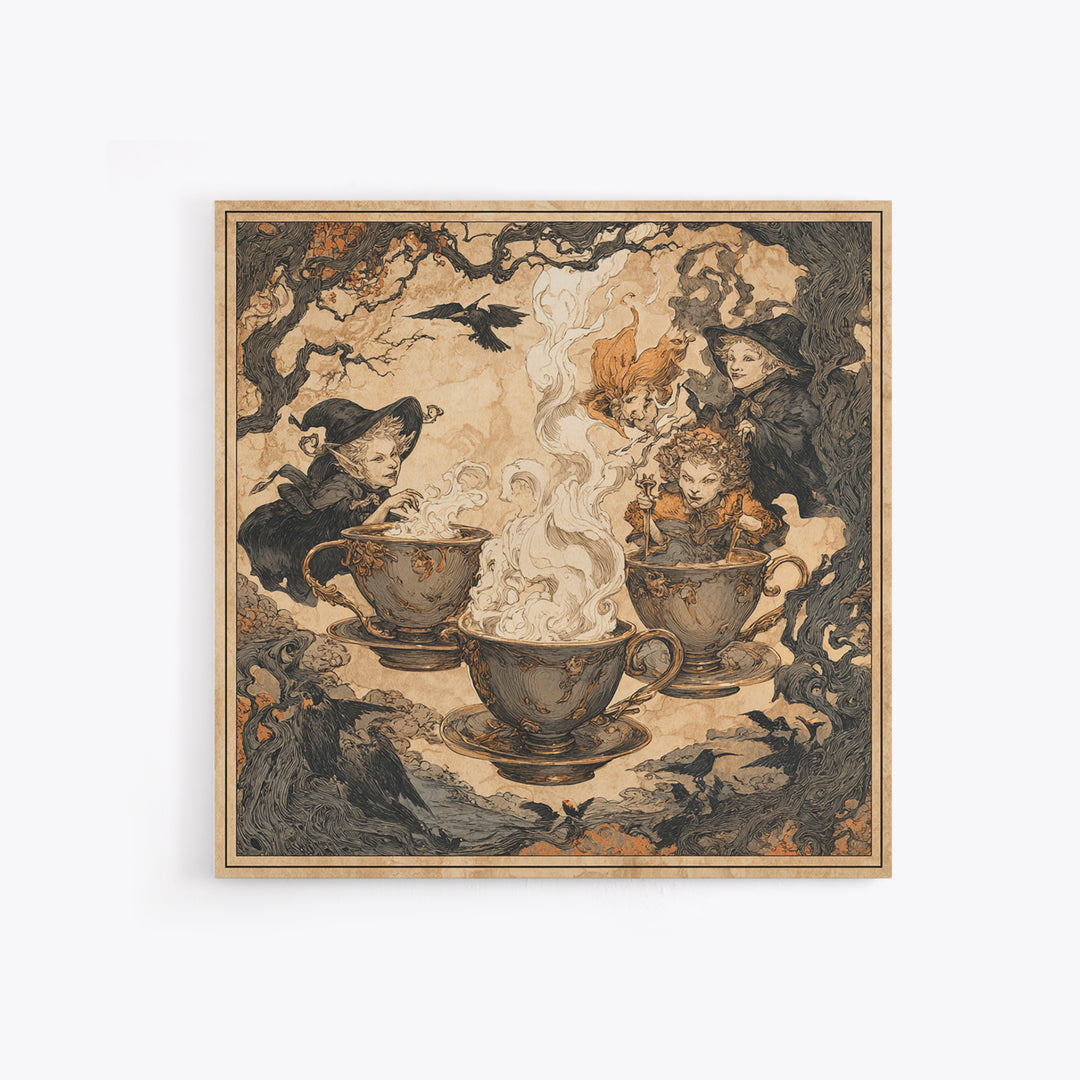 Tiny Ghosts In Teacups, Gothic Storybook Art, Square Wall Art, Macabre Wall Art, Framed Canvas Print, Halloween Wall Art