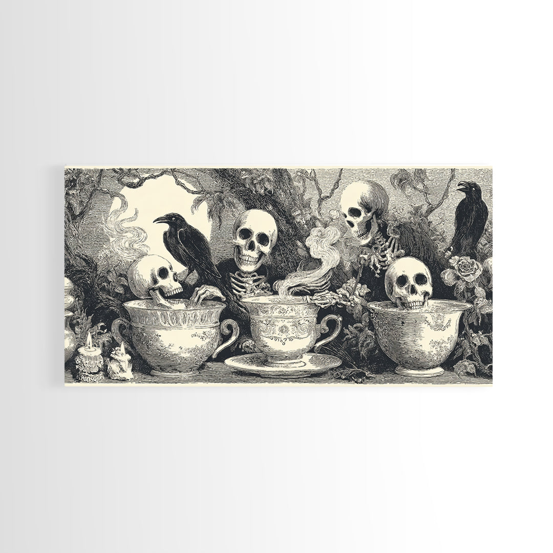 Tiny Ghosts In Teacups, Macabre Folk Print Art, Wide Panoramic Art, Macabre Wall Art, Canvas Print, Halloween Wall Art