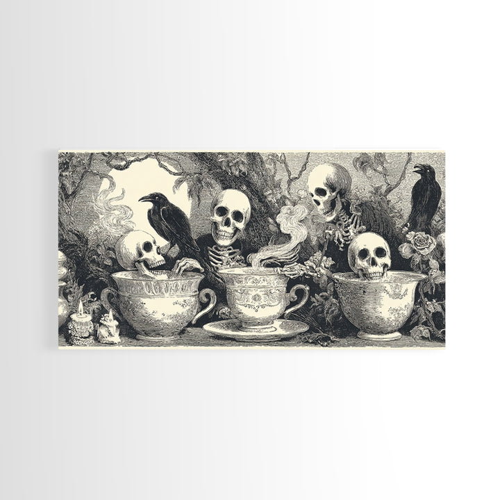Tiny Ghosts In Teacups, Macabre Folk Print Art, Wide Panoramic Art, Macabre Wall Art, Canvas Print, Halloween Wall Art