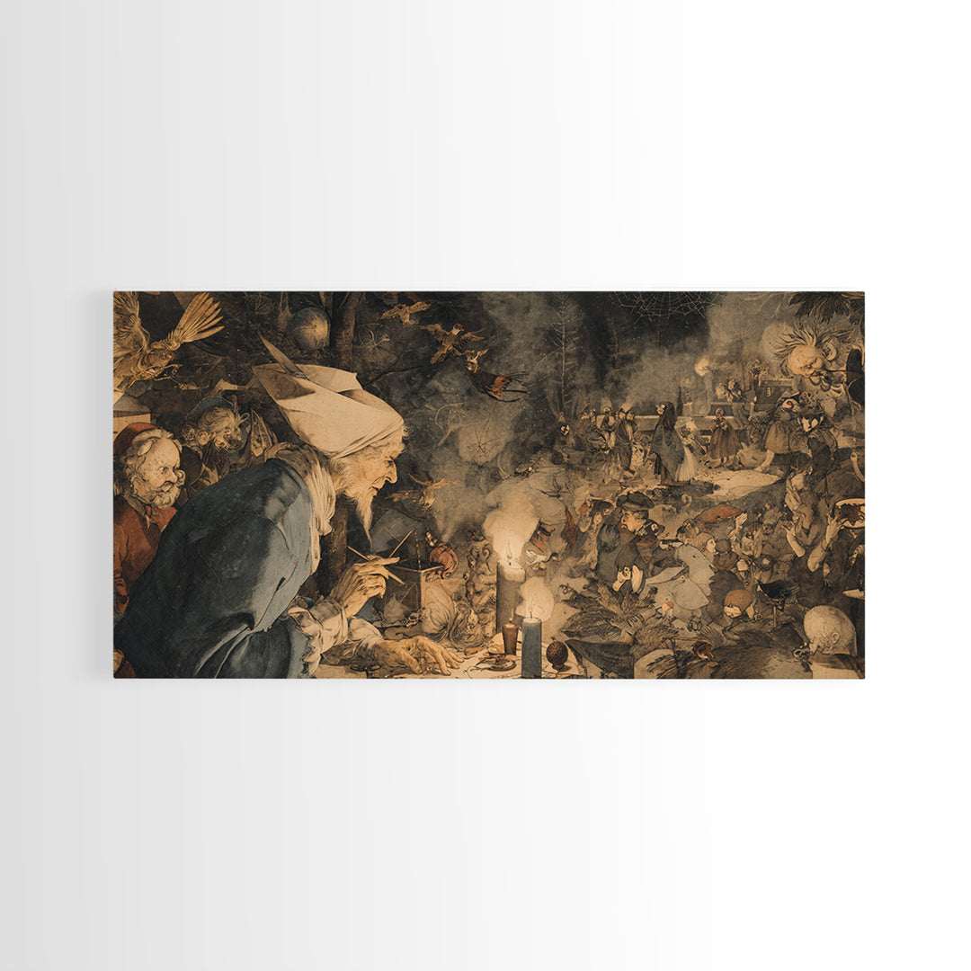 The Spider Sewing Circle, Northern Renaissance Horror, Wide Panoramic Art, Gothic Horror Wall Art, Framed Canvas Print