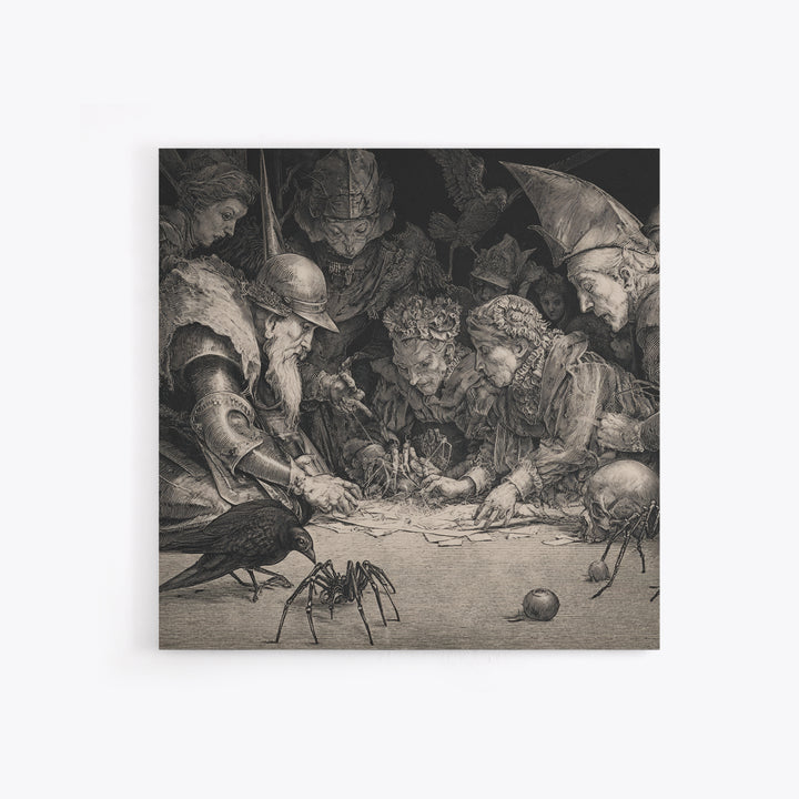 The Spider Sewing Circle, Renaissance Engraving Art, Square Wall Art, Macabre Wall Art, Framed Canvas Print, Halloween Wall Art