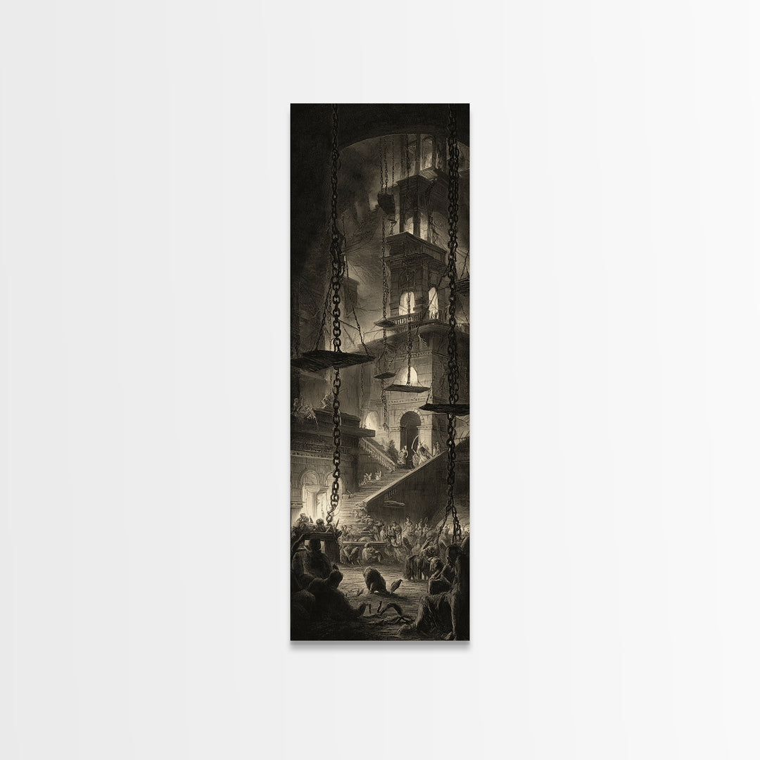 The Spider Sewing Circle, Architectural Etching Art, Tall Narrow Wall Art, Dark Halloween Decor, Canvas Print