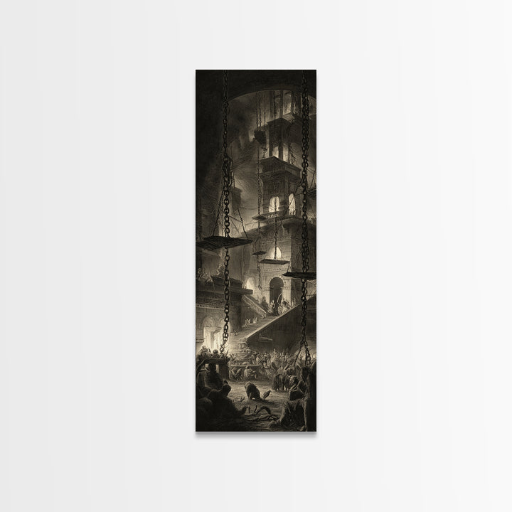 The Spider Sewing Circle, Architectural Etching Art, Tall Narrow Wall Art, Dark Halloween Decor, Canvas Print