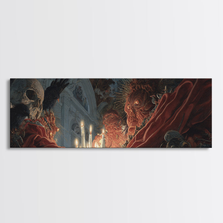 The Spider Sewing Circle, Apocalyptic Romantic Art, Extra Wide Wall Art, Macabre Wall Art, Canvas Print, Halloween Wall Art