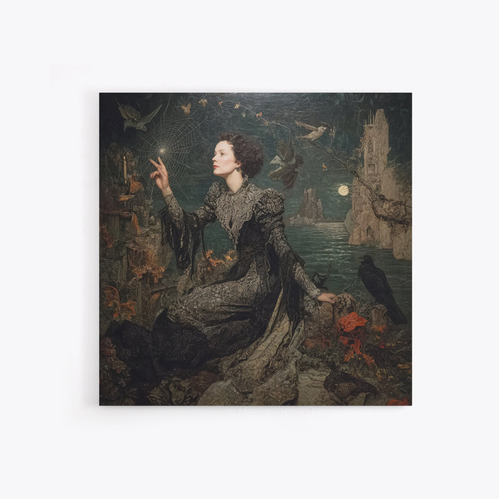 The Spider Sewing Circle, Symbolist Gothic Landscape, Square Wall Art, Dark Fantasy Wall Art, Canvas Print, Halloween Wall Art