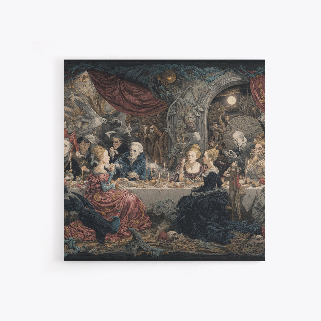 The Spider Sewing Circle, Symbolist Etching Art, Square Wall Art, Dark Halloween Decor, Framed Canvas Print, Halloween Wall Art