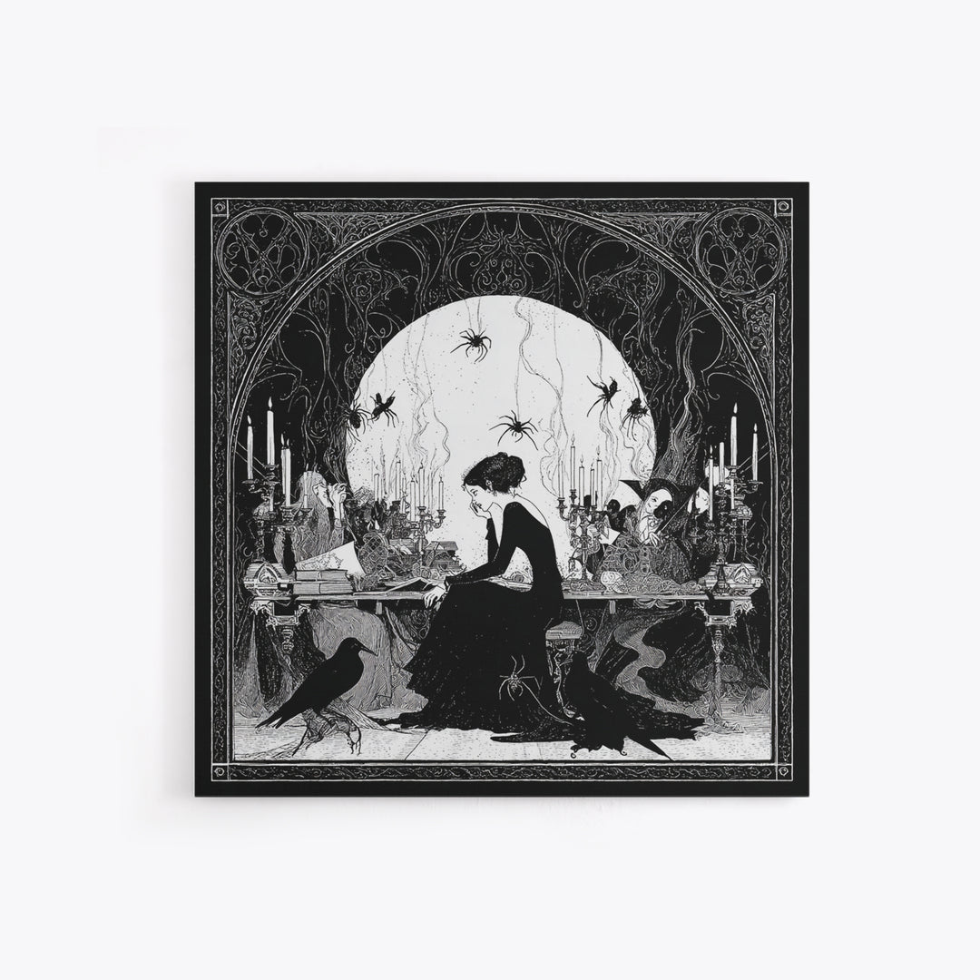 The Spider Sewing Circle, Decadent Line Art, Square Wall Art, Macabre Wall Art, Framed Canvas Print, Halloween Wall Art