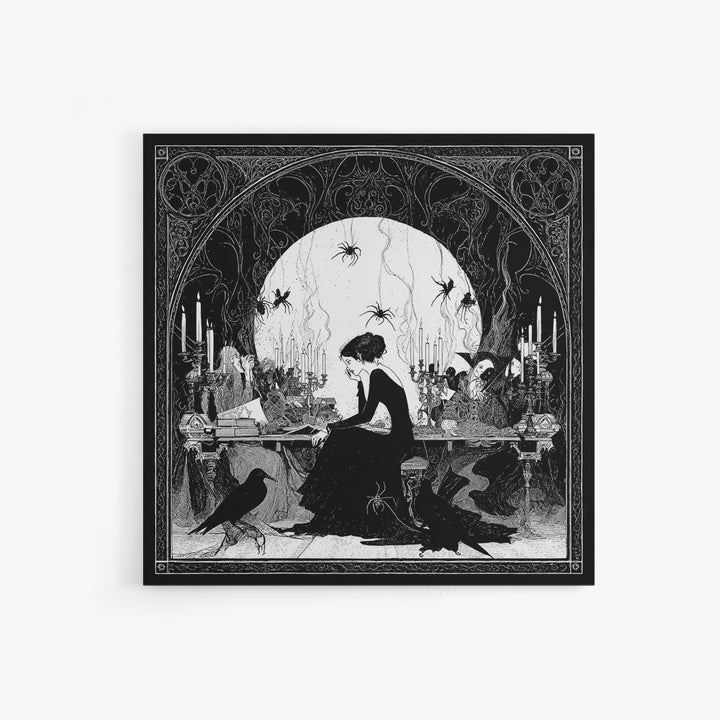 The Spider Sewing Circle, Decadent Line Art, Square Wall Art, Macabre Wall Art, Framed Canvas Print, Halloween Wall Art