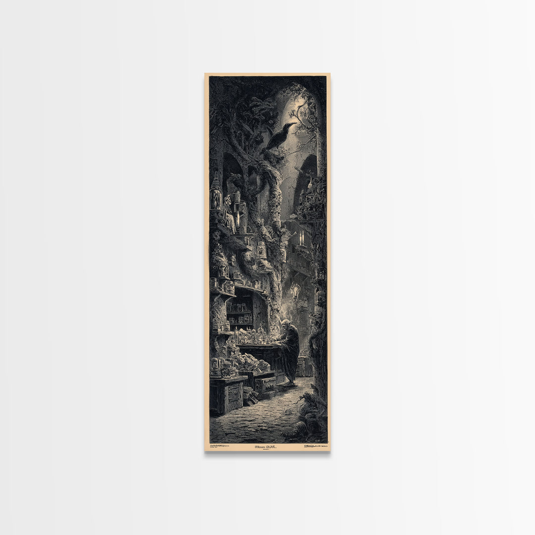 The Goblin Candy Shop, Gothic Engraving Art, Tall Narrow Wall Art, Dark Fantasy Wall Art, Framed Canvas Print, Halloween Wall Art