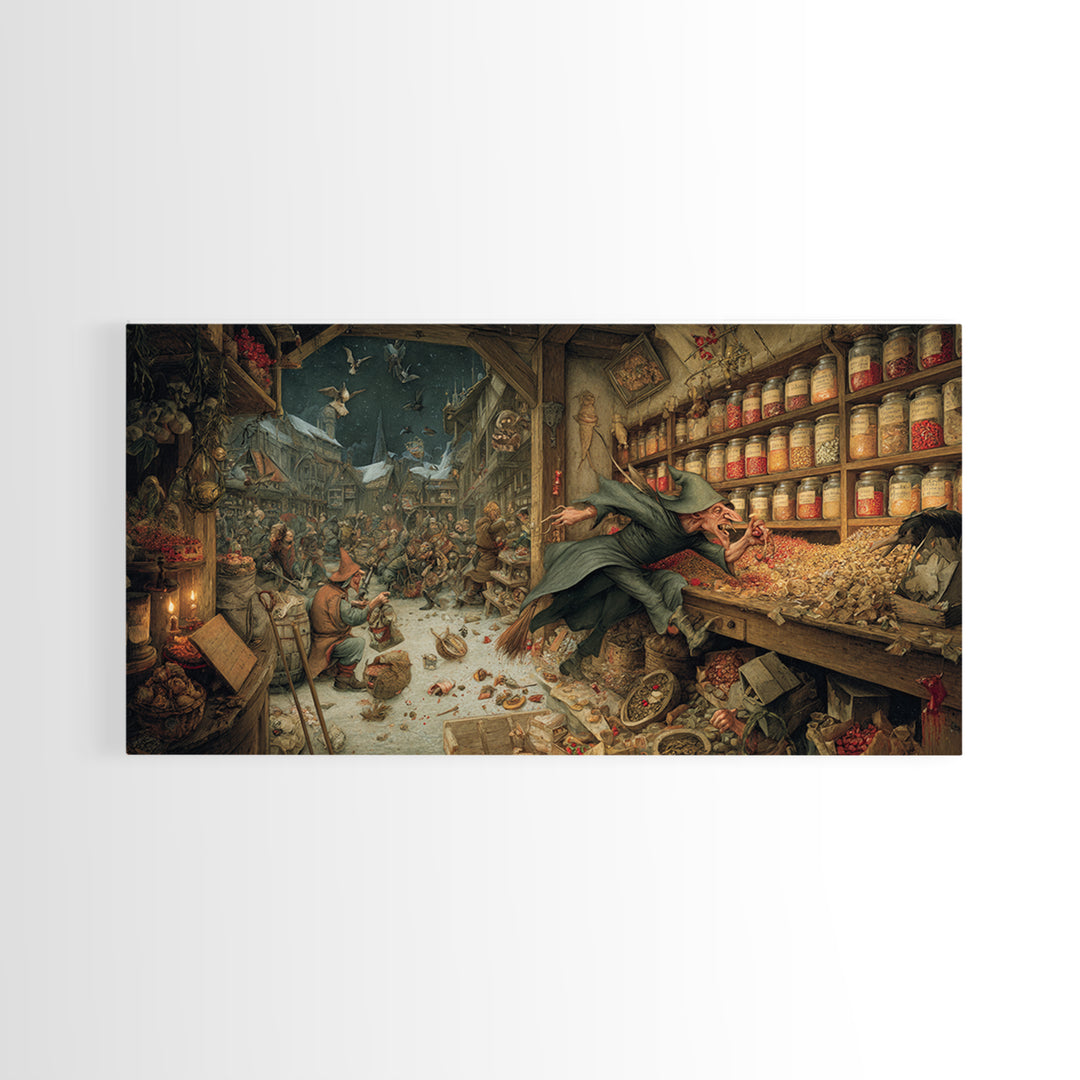 The Goblin Candy Shop, Northern Renaissance Horror, Wide Panoramic Art, Gothic Horror Wall Art, Framed Canvas Print