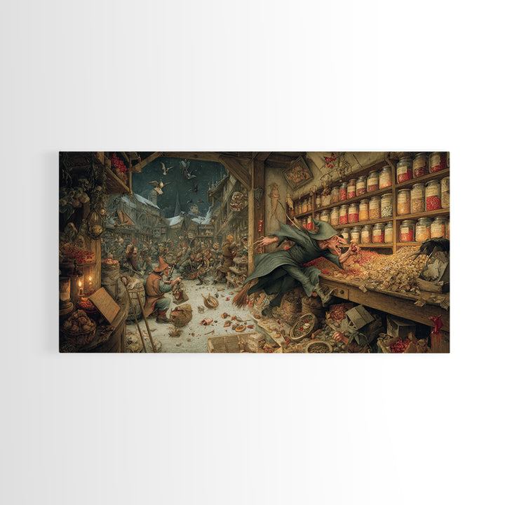 The Goblin Candy Shop, Northern Renaissance Horror, Wide Panoramic Art, Gothic Horror Wall Art, Framed Canvas Print