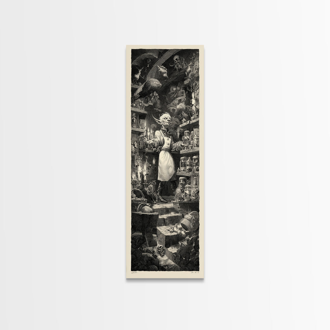 The Goblin Candy Shop, Architectural Etching Art, Tall Narrow Wall Art, Dark Halloween Decor, Canvas Print, Halloween Wall Art