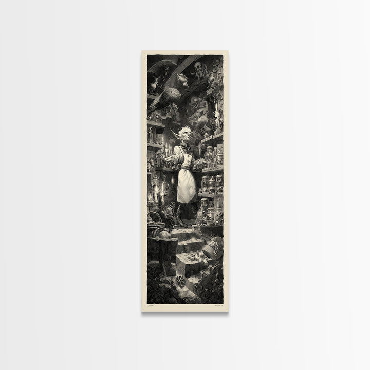 The Goblin Candy Shop, Architectural Etching Art, Tall Narrow Wall Art, Dark Halloween Decor, Canvas Print, Halloween Wall Art