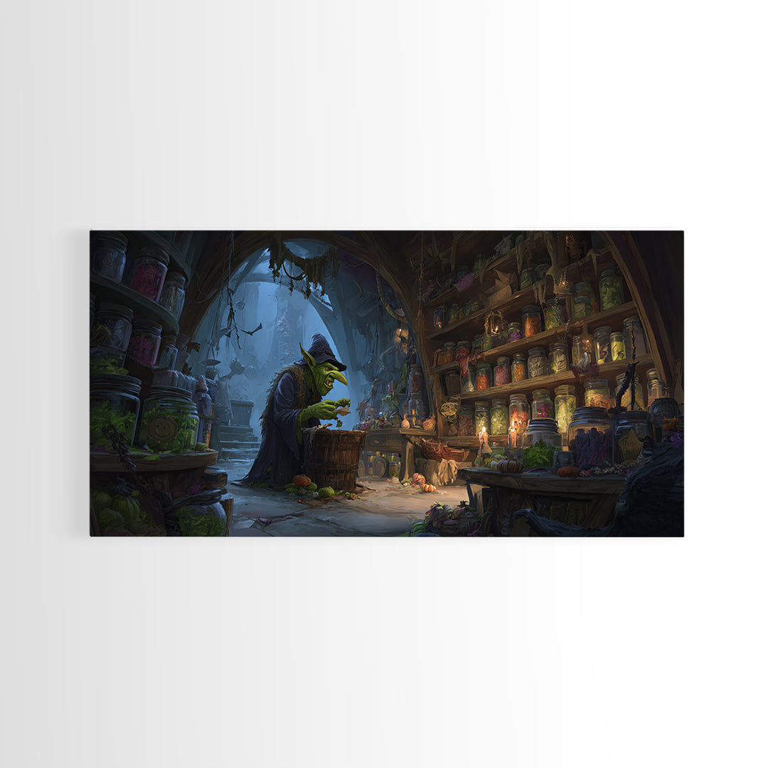 The Goblin Candy Shop, Apocalyptic Romantic Art, Wide Panoramic Art, Gothic Horror Wall Art, Framed Canvas Print, Halloween Wall Art