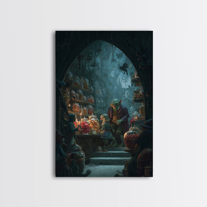 The Goblin Candy Shop, Dark Symbolist Art, Vertical Wall Art, Dark Halloween Decor, Canvas Print, Halloween Wall Art