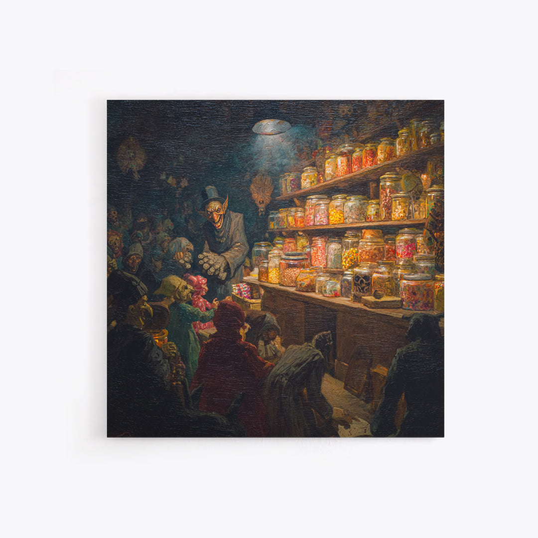 The Goblin Candy Shop, Grotesque Carnival Art, Square Wall Art, Dark Halloween Decor, Canvas Print, Halloween Wall Art
