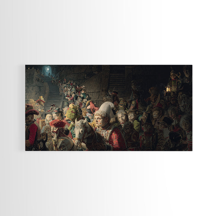 The Haunted Toy Parade, Architectural Etching Art, Wide Panoramic Art, Macabre Wall Art, Canvas Print, Halloween Wall Art