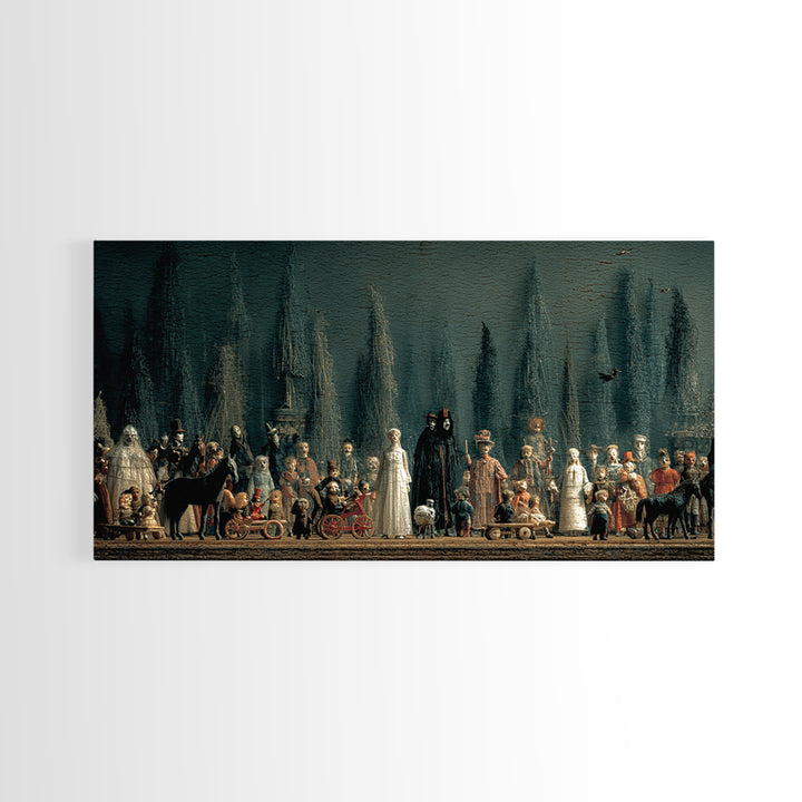 The Haunted Toy Parade, Symbolist Gothic Landscape, Wide Panoramic Art, Gothic Horror Wall Art, Framed Canvas Print, Halloween Wall Art
