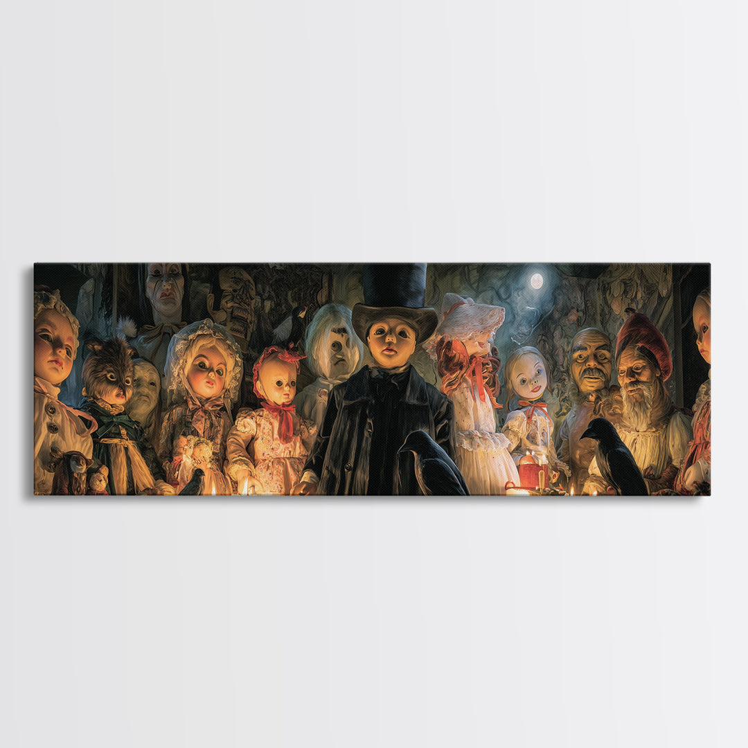 The Haunted Toy Parade, Expressionist Gothic Art, Extra Wide Wall Art, Dark Halloween Decor, Framed Canvas Print, Halloween Wall Art