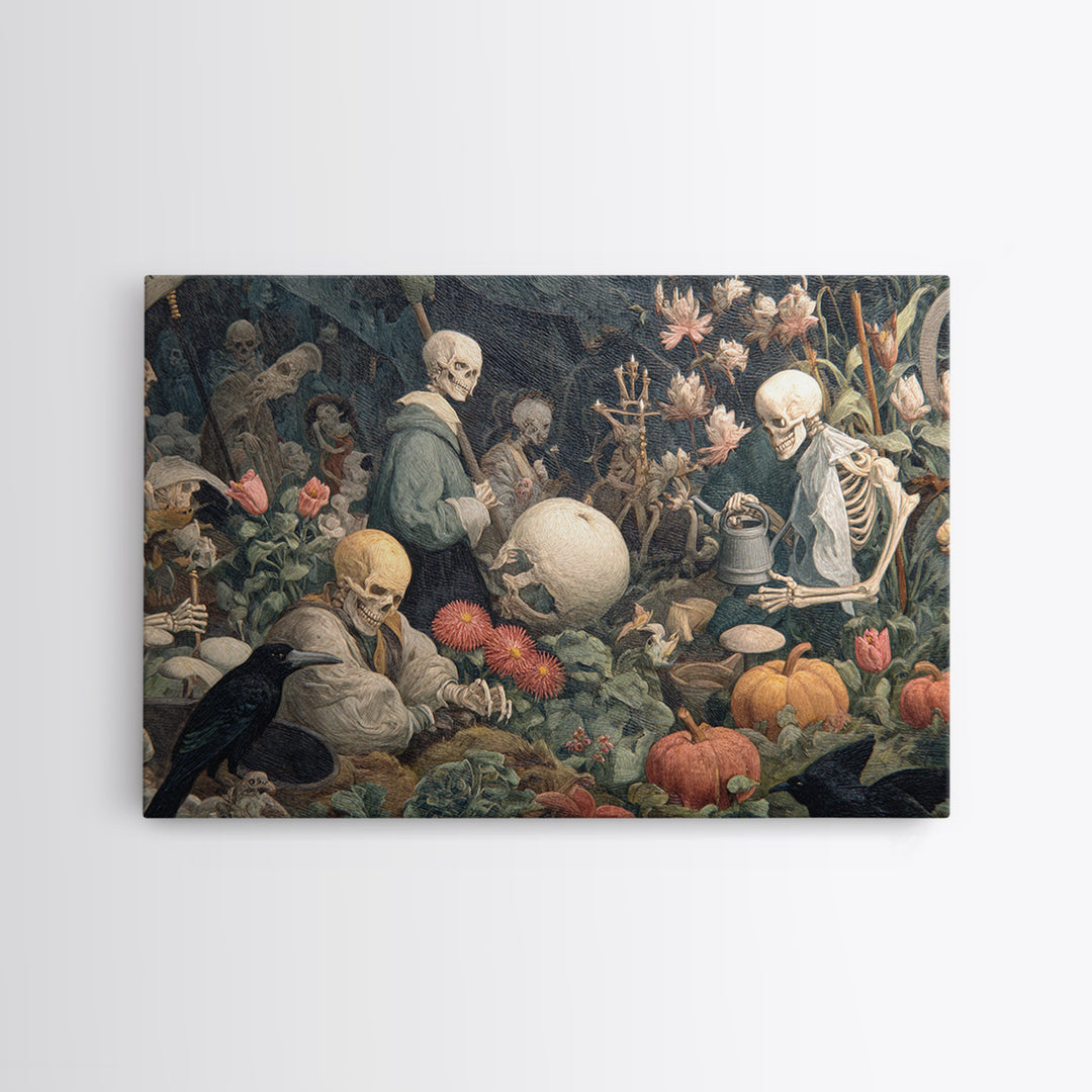 The Skeleton Gardeners, Medieval Grotesque Art, Landscape Wall Art, Dark Fantasy Wall Art, Canvas Print, Halloween Wall Art