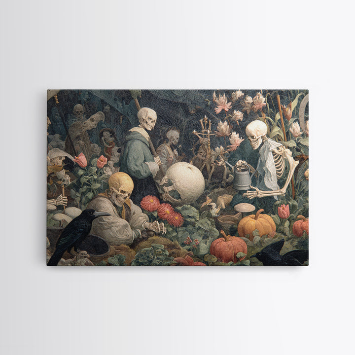 The Skeleton Gardeners, Medieval Grotesque Art, Landscape Wall Art, Dark Fantasy Wall Art, Canvas Print, Halloween Wall Art