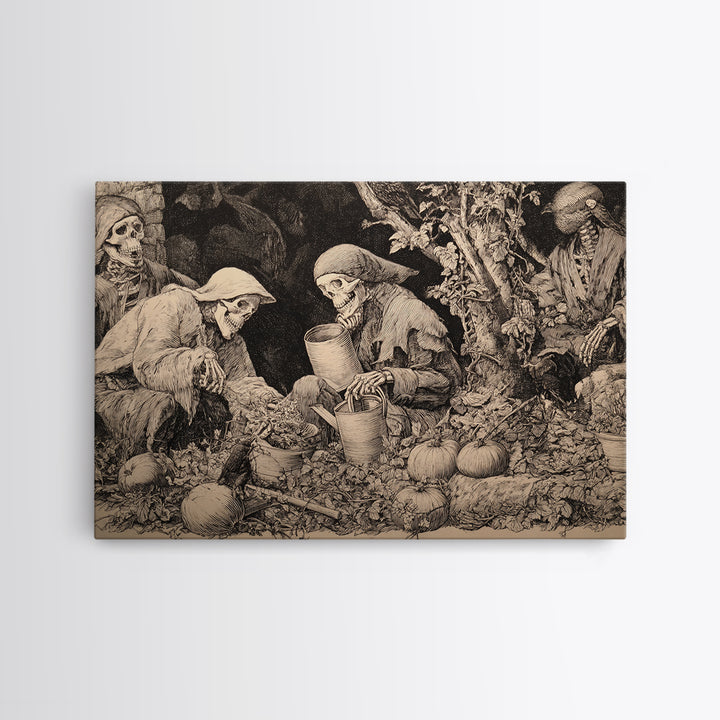 The Skeleton Gardeners, Renaissance Engraving Art, Landscape Wall Art, Dark Fantasy Wall Art, Canvas Print, Halloween Wall Art