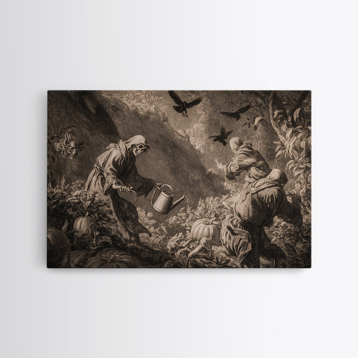 The Skeleton Gardeners, Baroque Witchcraft Art, Landscape Wall Art, Dark Fantasy Wall Art, Canvas Print, Halloween Wall Art