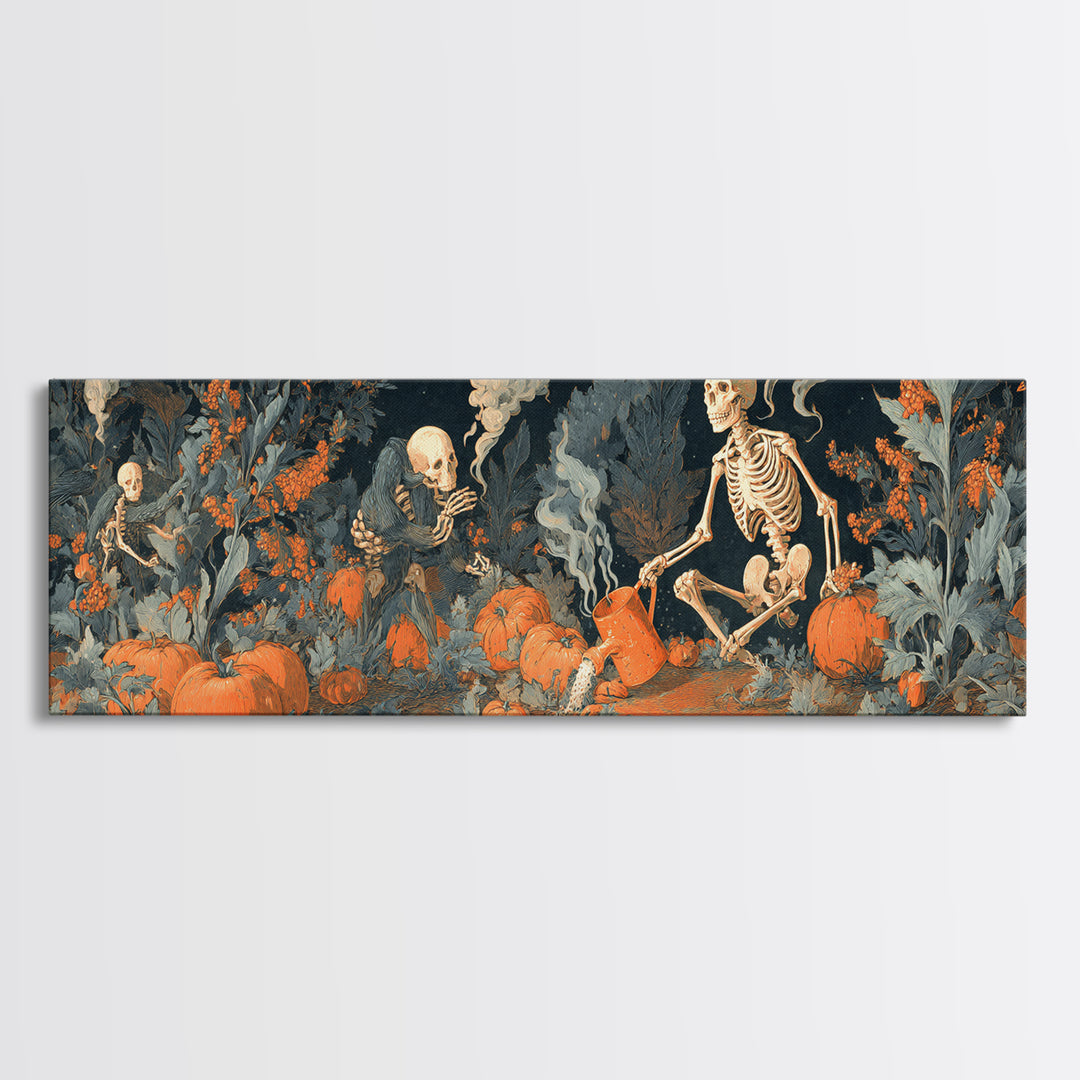 The Skeleton Gardeners, Visionary Gothic Art, Extra Wide Wall Art, Dark Fantasy Wall Art, Framed Canvas Print, Halloween Wall Art