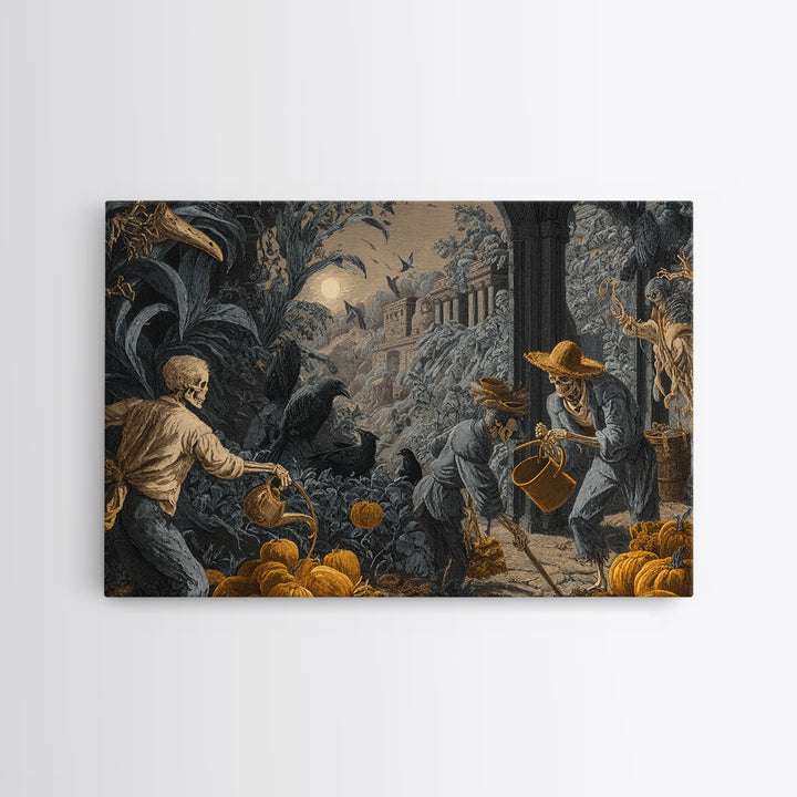 The Skeleton Gardeners, Architectural Etching Art, Landscape Wall Art, Dark Halloween Decor, Canvas Print, Halloween Wall Art
