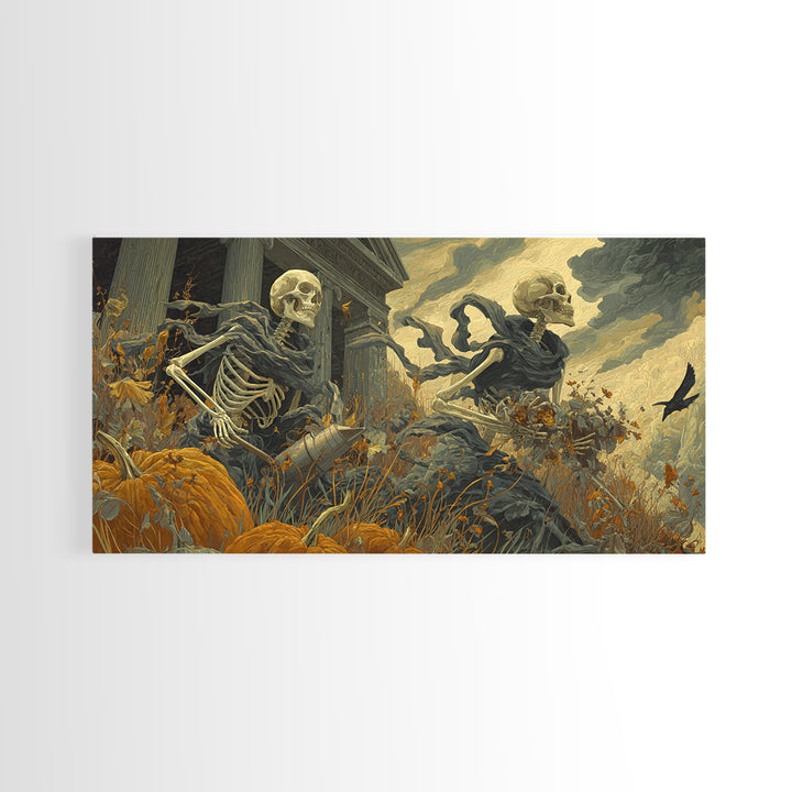 The Skeleton Gardeners, Apocalyptic Romantic Art, Wide Panoramic Art, Gothic Horror Wall Art, Framed Canvas Print, Halloween Wall Art