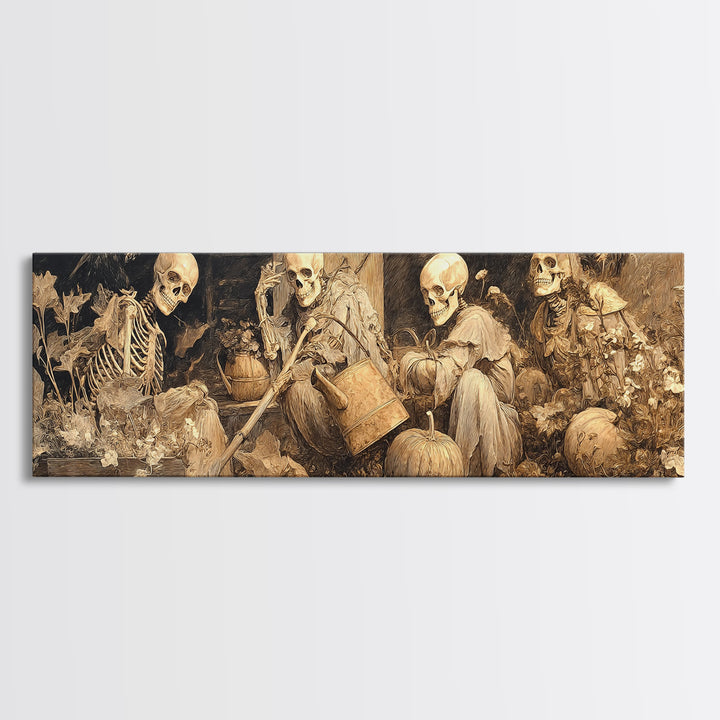 The Skeleton Gardeners, Ornate Symbolist Art, Extra Wide Wall Art, Dark Fantasy Wall Art, Canvas Print, Halloween Wall Art