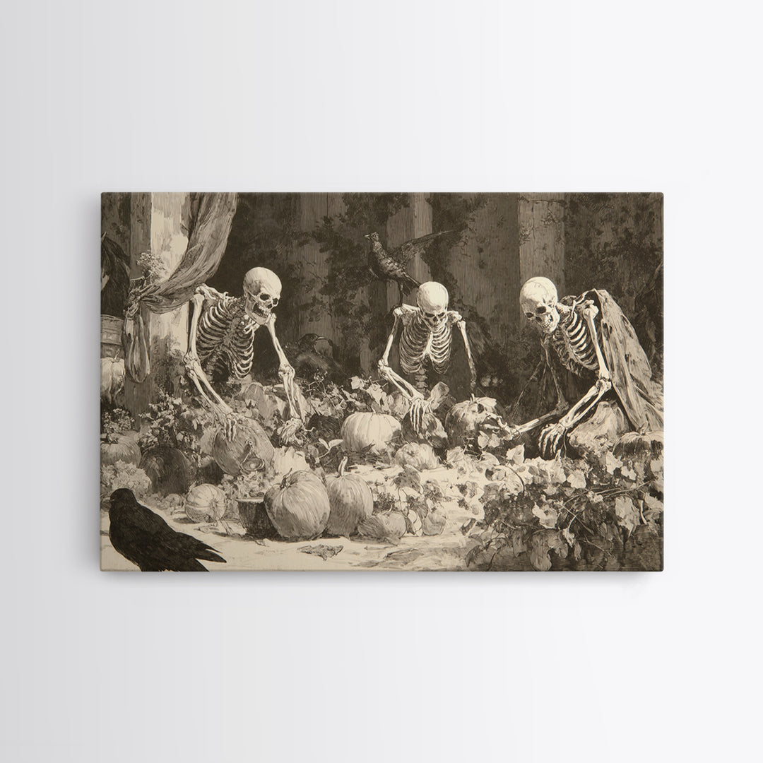 The Skeleton Gardeners, Decadent Gothic Art, Landscape Wall Art, Gothic Horror Wall Art, Framed Canvas Print, Halloween Wall Art