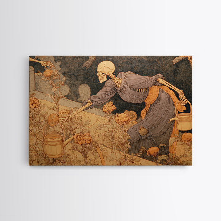 The Skeleton Gardeners, Symbolist Death Art, Landscape Wall Art, Dark Halloween Decor, Framed Canvas Print, Halloween Wall Art