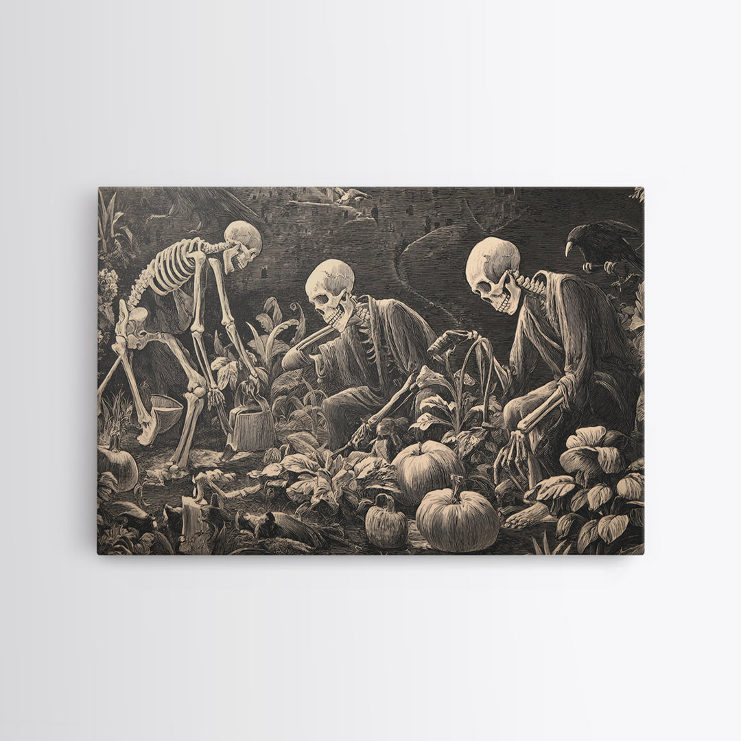 The Skeleton Gardeners, Symbolist Etching Art, Landscape Wall Art, Gothic Horror Wall Art, Framed Canvas Print, Halloween Wall Art