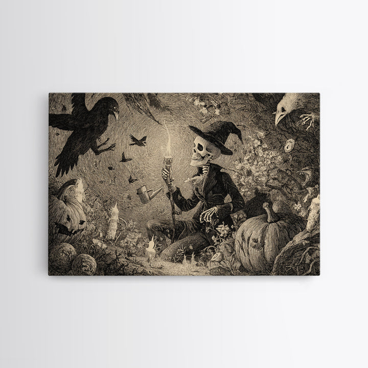 The Skeleton Gardeners, Expressionist Nightmare Art, Landscape Wall Art, Dark Fantasy Wall Art, Framed Canvas Print, Halloween Wall Art