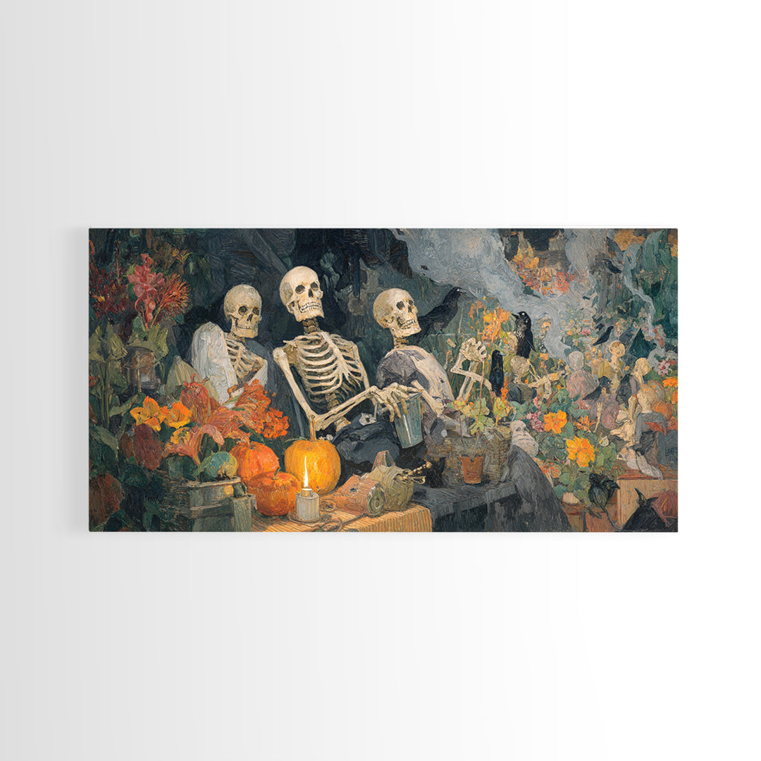 The Skeleton Gardeners, Grotesque Carnival Art, Wide Panoramic Art, Gothic Horror Wall Art, Framed Canvas Print, Halloween Wall Art