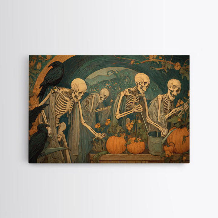 The Skeleton Gardeners, Expressionist Gothic Art, Landscape Wall Art, Dark Fantasy Wall Art, Framed Canvas Print, Halloween Wall Art