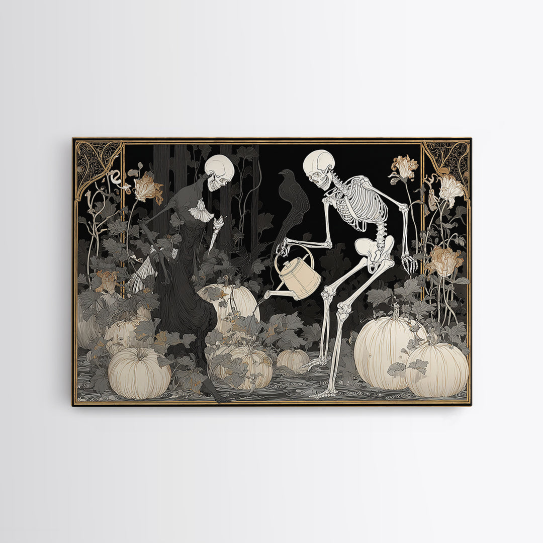 The Skeleton Gardeners, Decadent Line Art, Landscape Wall Art, Gothic Horror Wall Art, Framed Canvas Print, Halloween Wall Art