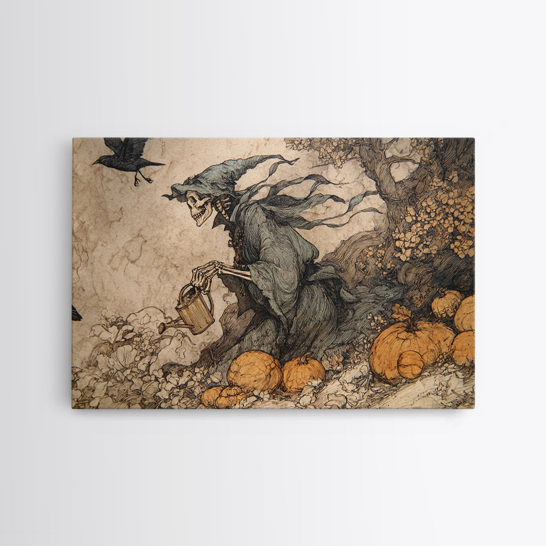 The Skeleton Gardeners, Gothic Storybook Art, Landscape Wall Art, Gothic Horror Wall Art, Canvas Print, Halloween Wall Art