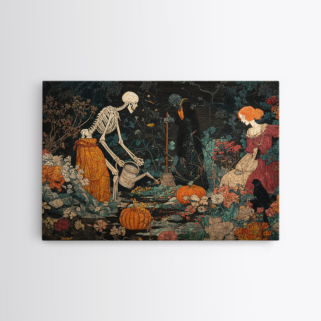 The Skeleton Gardeners, Stained Glass Gothic Art, Landscape Wall Art, Gothic Horror Wall Art, Canvas Print, Halloween Wall Art