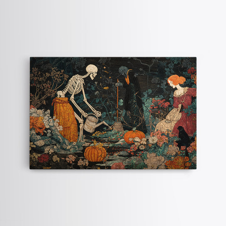 The Skeleton Gardeners, Stained Glass Gothic Art, Landscape Wall Art, Gothic Horror Wall Art, Canvas Print, Halloween Wall Art