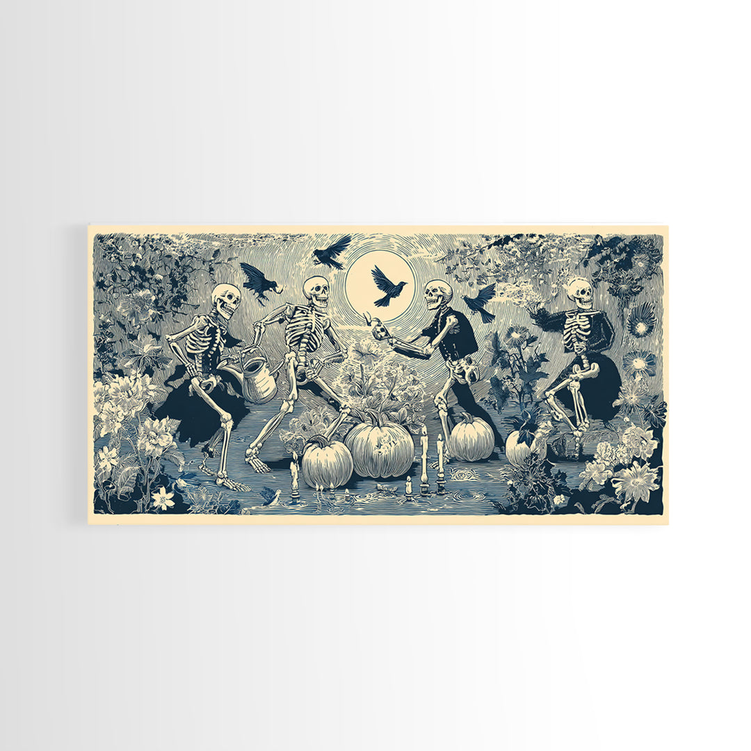 The Skeleton Gardeners, Macabre Folk Print Art, Wide Panoramic Art, Macabre Wall Art, Canvas Print, Halloween Wall Art