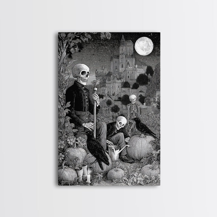 The Skeleton Gardeners, Victorian Macabre Art, Vertical Wall Art, Dark Fantasy Wall Art, Canvas Print, Halloween Wall Art