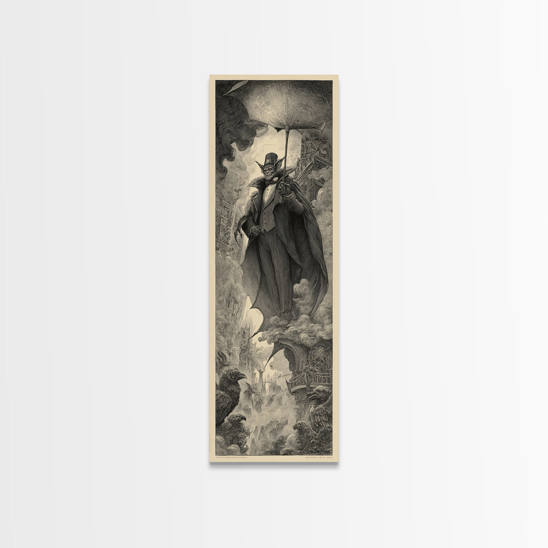 The Bat Umbrella Salesman, Gothic Engraving Art, Tall Narrow Wall Art, Macabre Wall Art, Canvas Print, Halloween Wall Art