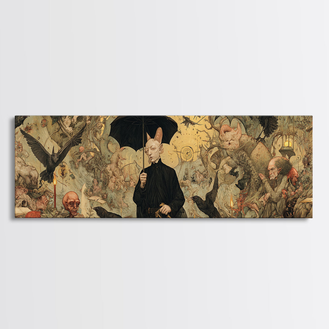 The Bat Umbrella Salesman, Medieval Grotesque Art, Extra Wide Wall Art, Gothic Horror Wall Art, Canvas Print, Halloween Wall Art