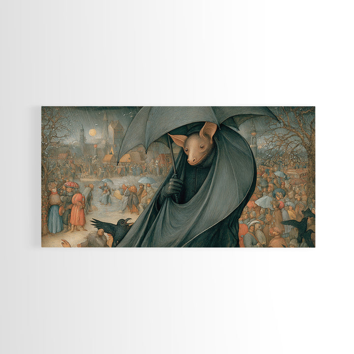 The Bat Umbrella Salesman, Northern Renaissance Horror, Wide Panoramic Art, Gothic Horror Wall Art, Framed Canvas Print