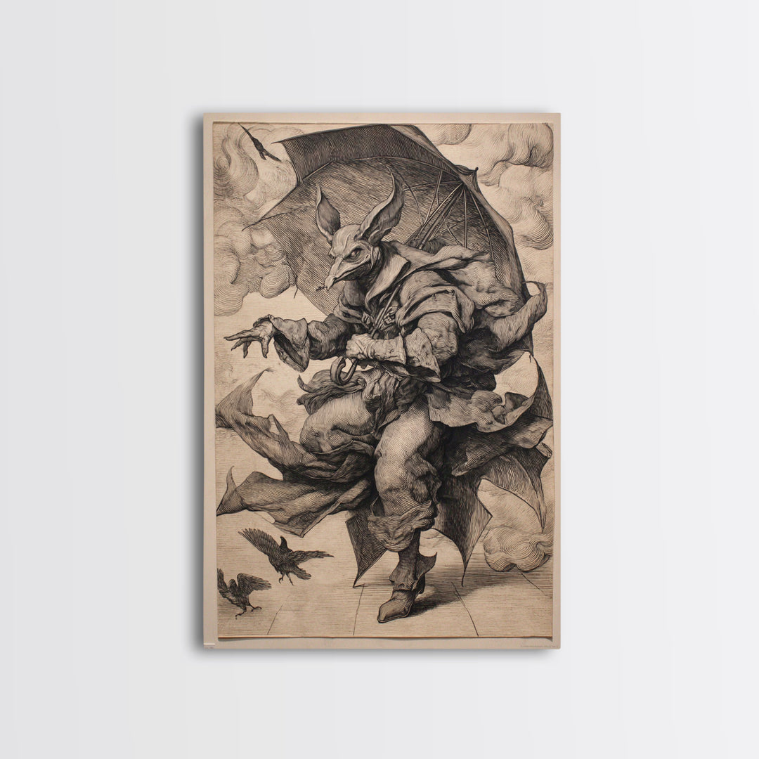 The Bat Umbrella Salesman, Renaissance Engraving Art, Vertical Wall Art, Dark Halloween Decor, Framed Canvas Print, Halloween Wall Art